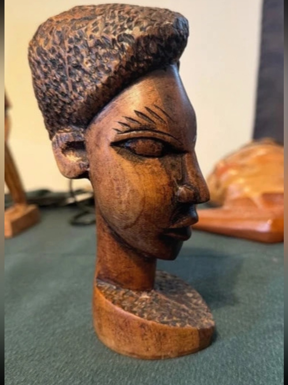 Hand Crafted Carved Wood African-Style Bust - Brown